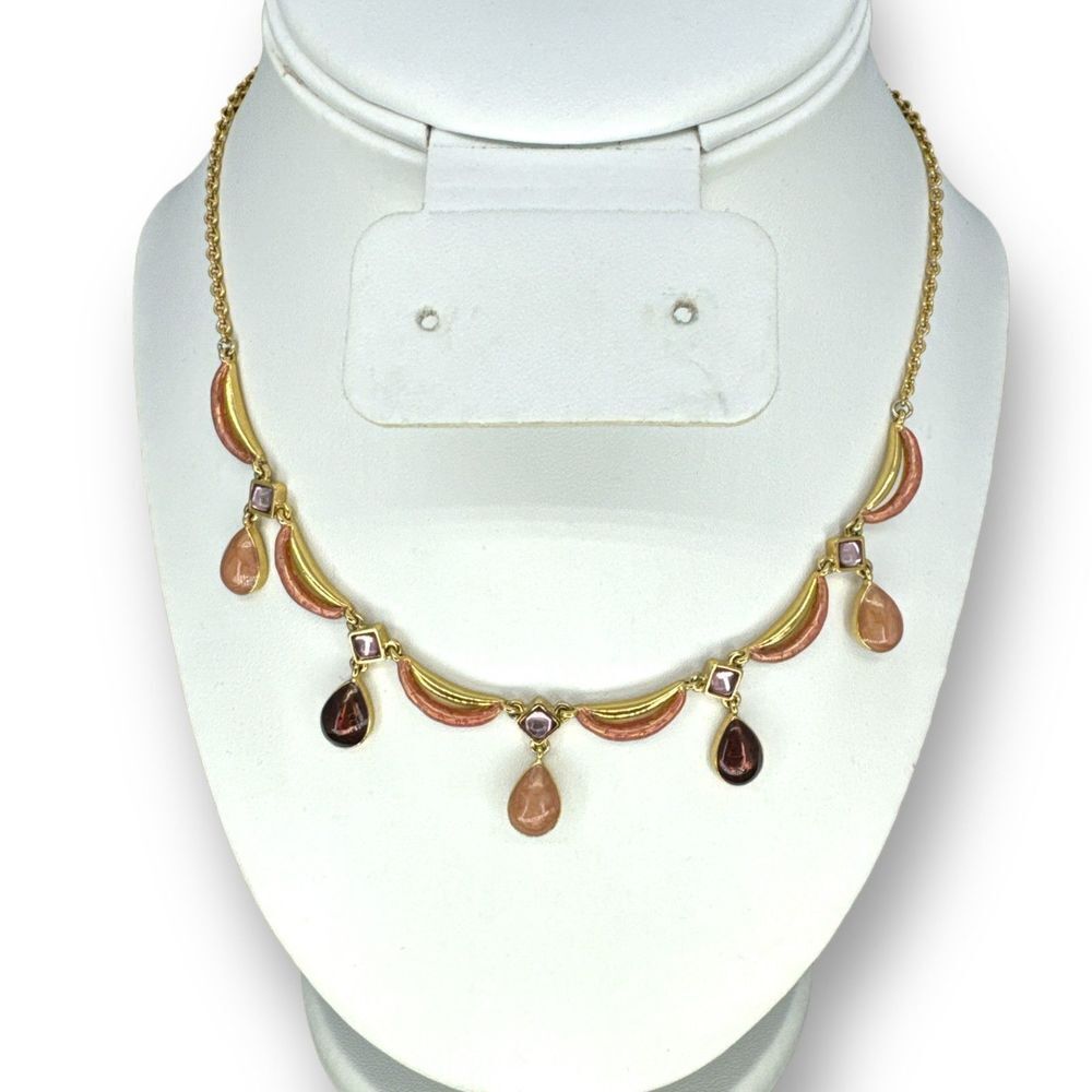 Enamel Valance Tear Drop Collar Necklace Over Gold Plated Chain Lobster Clasp
